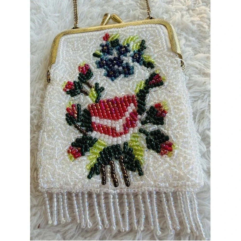 Vintage Floral Hand Beaded Fringe Chain Strap Tiny Seed Evening Purse Flapper